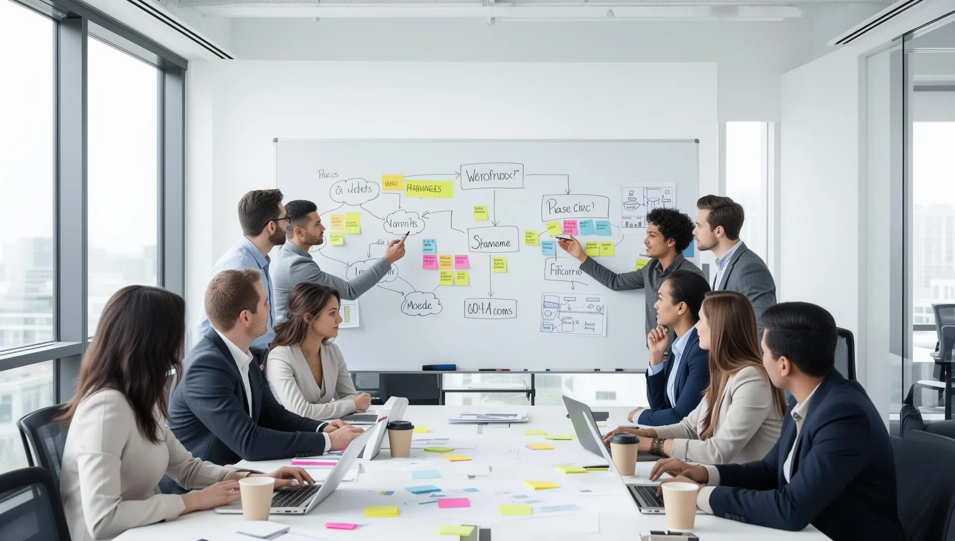 Business team planning workflow on whiteboard